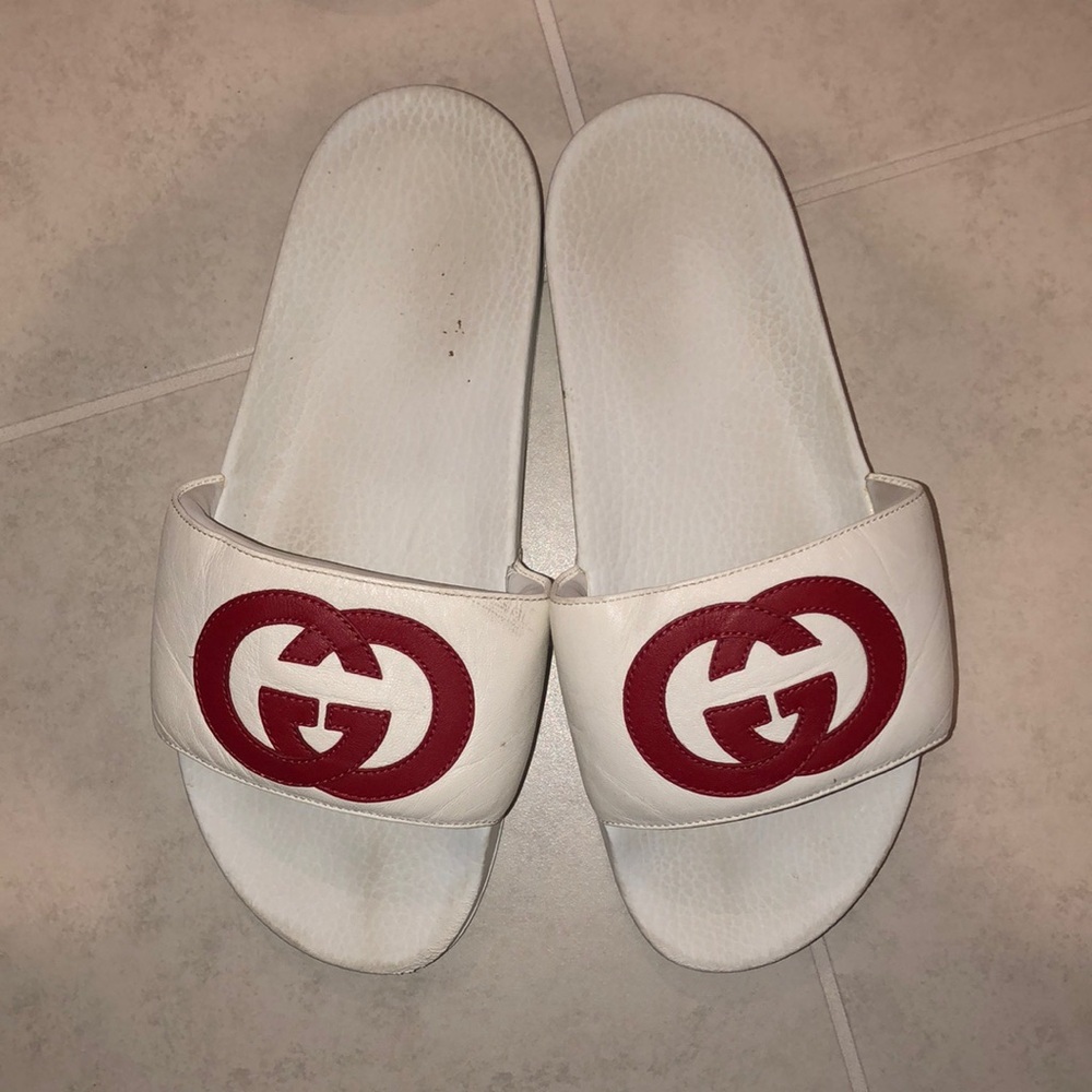 Gucci White and Red Slide Sandals